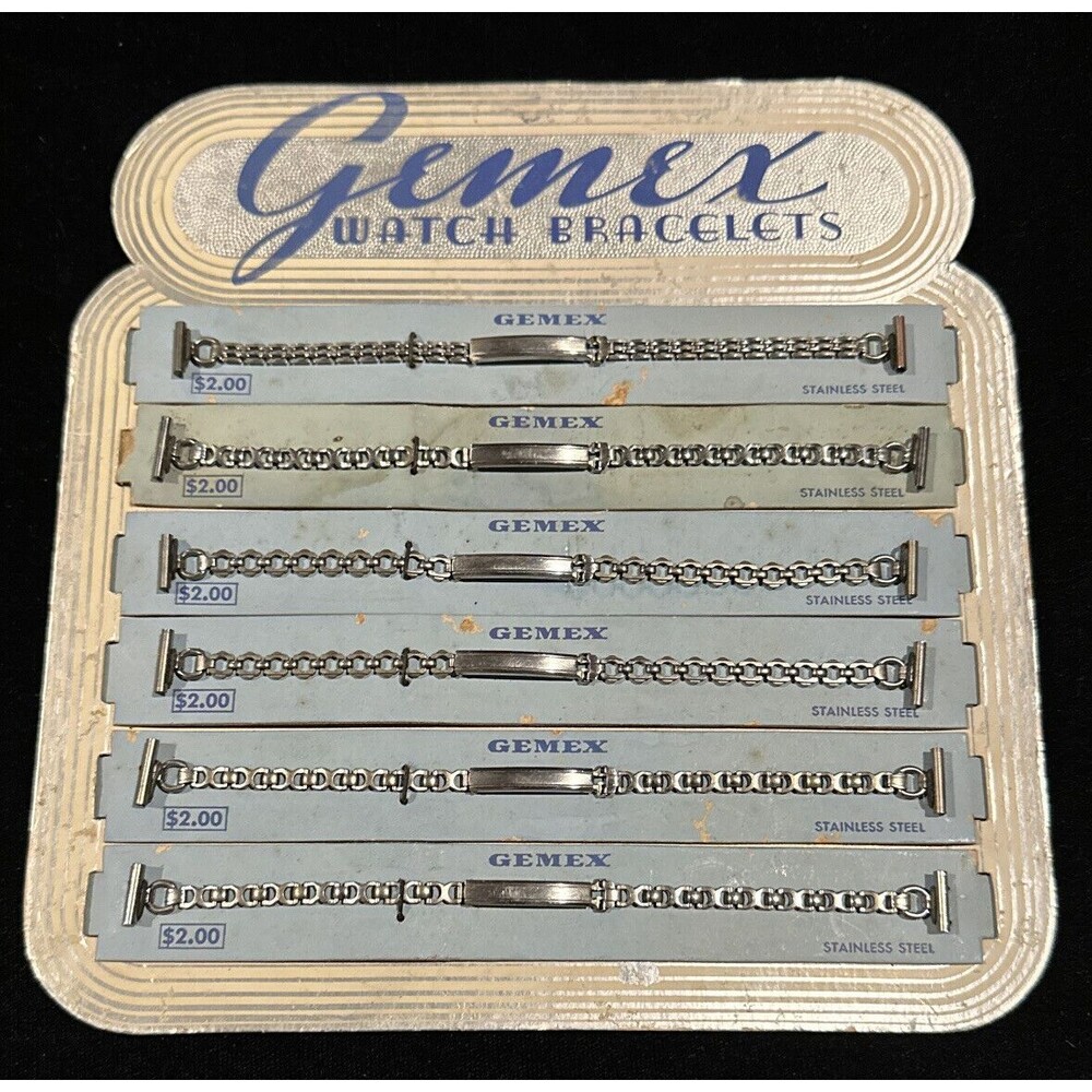 Gemex 1940-50 Gemex Counter Display 6 Watch Bracelets Stainless Steel Vintage